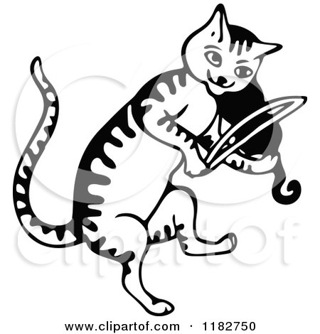 Clipart of a Black and White Cat Playing a Fiddle - Royalty Free Vector Illustration by Prawny