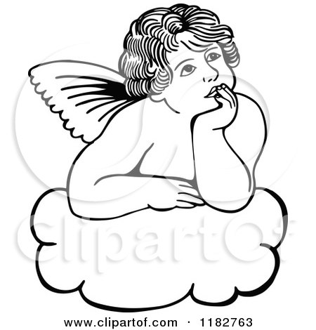 Clipart of a Black and White Thoughtful Cherub on a Cloud - Royalty Free Vector Illustration by Prawny