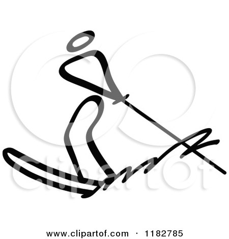 Clipart of a Black and White Stick Drawing of a Person Waterskiing - Royalty Free Vector Illustration by Zooco
