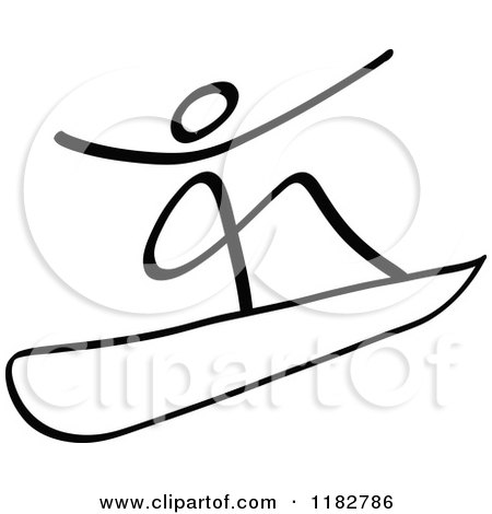 Clipart of a Black and White Stick Drawing of a Person Snowboarding - Royalty Free Vector Illustration by Zooco