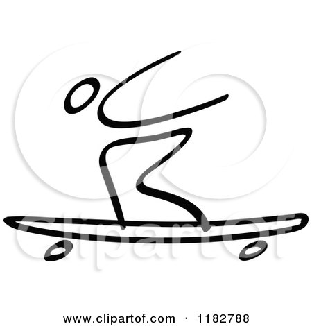Clipart of a Black and White Stick Drawing of a Longboard Skater - Royalty Free Vector Illustration by Zooco