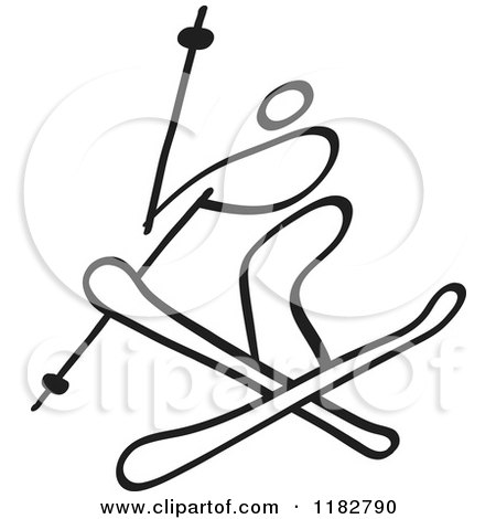 Clipart of a Black and White Stick Drawing of a Freestyle Skier - Royalty Free Vector Illustration by Zooco