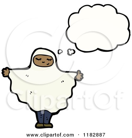 Cartoon of a Child Dressed up in a Ghost Costume with a Conversation Bubble - Royalty Free Vector Illustration by lineartestpilot