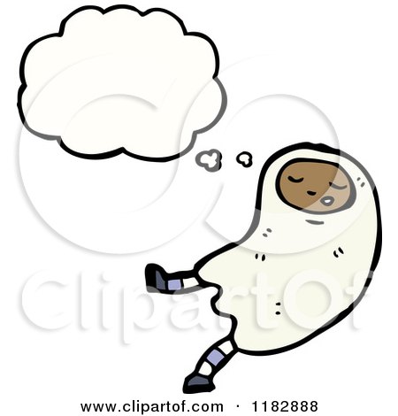 Cartoon of a Child Dressed up in a Ghost Costume with a Conversation Bubble - Royalty Free Vector Illustration by lineartestpilot
