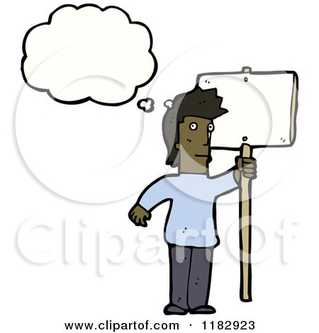 Cartoon of an African American Man Thinking and Holding a Sign - Royalty Free Vector Illustration by lineartestpilot