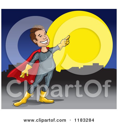 Cartoon of a Pointing Male Super Hero Against a Full Moon on a Roof Top - Royalty Free Vector Clipart by David Rey