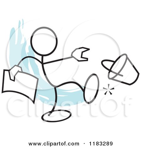 Cartoon of a Stickler Holding a Bucket List and Kicking a Pail over Blue - Royalty Free Vector Clipart by Johnny Sajem