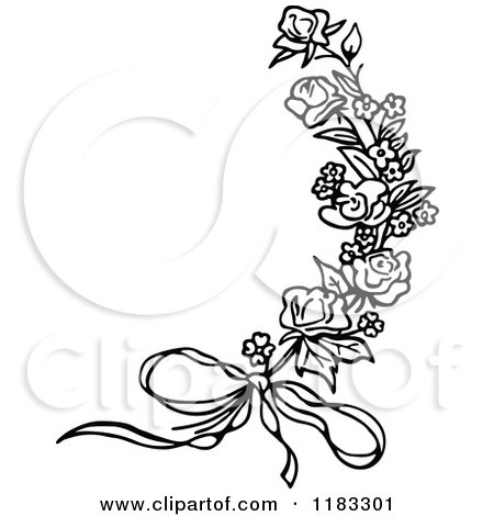 Clipart of a Black and White Rose Sprig and Bow - Royalty Free Vector Illustration by Prawny