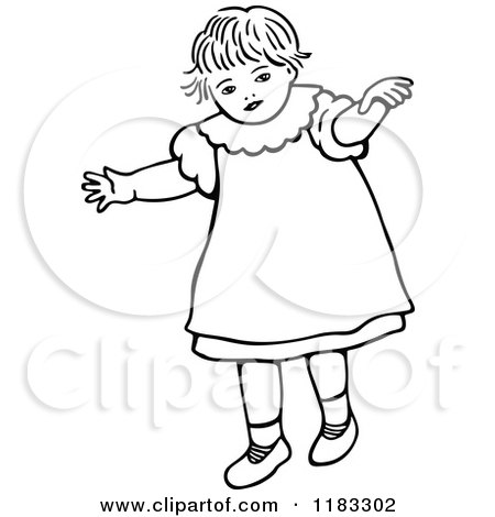 Clipart of a Black and White Toddler Girl Walking - Royalty Free Vector Illustration by Prawny