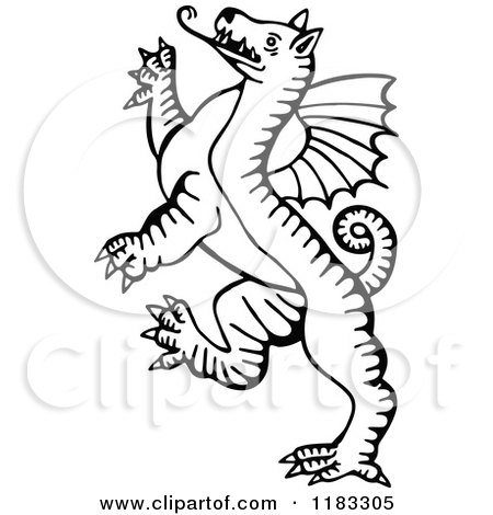Clipart of a Black and White Rearing Dragon - Royalty Free Vector Illustration by Prawny