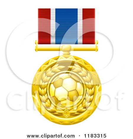 Clipart of a Gold Soccer Ball Medal on a Ribbon - Royalty Free Vector Illustration by AtStockIllustration