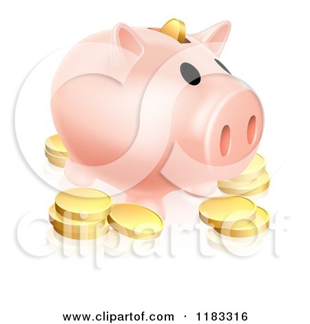 Clipart of a Pink Piggy Bank and Gold Coins - Royalty Free Vector Illustration by AtStockIllustration