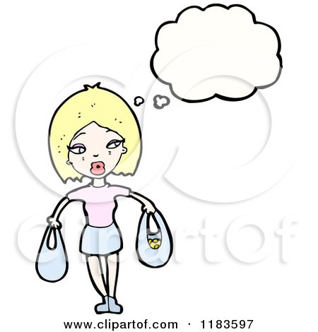 Cartoon of a Woman Holding Two Bags Thinking - Royalty Free Vector Illustration by lineartestpilot