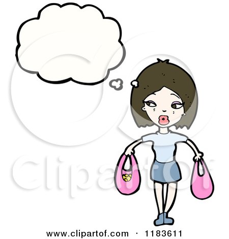 Cartoon of a Woman Holding Two Bags Thinking - Royalty Free Vector Illustration by lineartestpilot