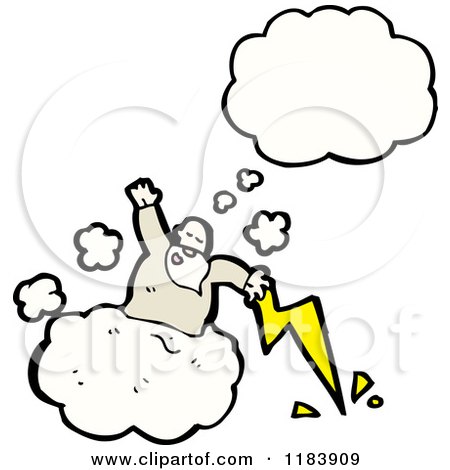 Cartoon of a God in a Cloud Tossing Lightning Bolts Thinking - Royalty Free Vector Illustration by lineartestpilot