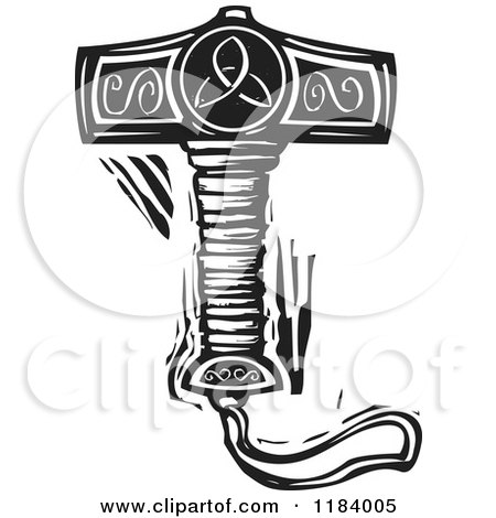 Clipart of a Mjolnir, Thor's Hammer Black and White Woodcut - Royalty Free Vector Illustration by xunantunich