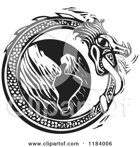 Clipart of a Midgard Serpent Around the World Black and White Woodcut - Royalty Free Vector Illustration by xunantunich