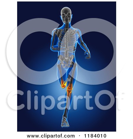 Clipart of a 3d Running Xray Man with Glowing Knee Pain - Royalty Free CGI Illustration by KJ Pargeter