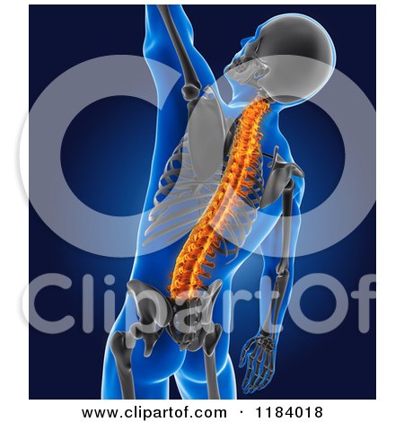 Clipart of a 3d Xray Reaching Man with a Glowing Spine and Visible Skeleton - Royalty Free CGI Illustration by KJ Pargeter