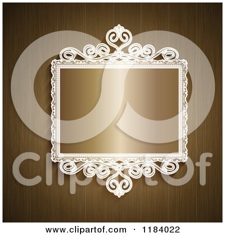 Clipart of an Ornate White Frame with Shiny Gold on Wood - Royalty Free Vector Illustration by KJ Pargeter