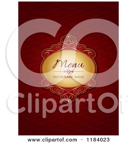 Clipart of a Red and Gold Menu Design with an Ornate Frame and Sample Text - Royalty Free Vector Illustration by KJ Pargeter