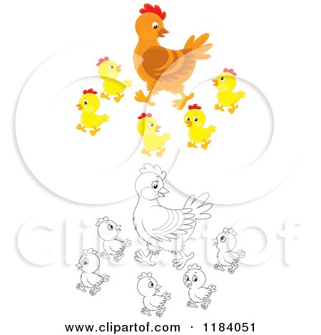 Cartoon of a Colored and Outlined Mother Hen and Baby Chicks - Royalty Free Vector Clipart by Alex Bannykh