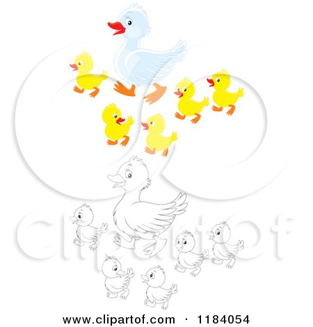Cartoon of a Colored and Outlined Mother Duck and Baby Ducklings - Royalty Free Vector Clipart by Alex Bannykh