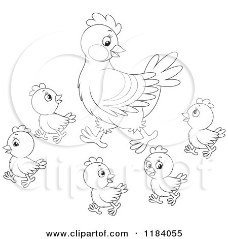 Cartoon of an Outlined Mother Hen and Baby Chicks - Royalty Free Vector Clipart by Alex Bannykh
