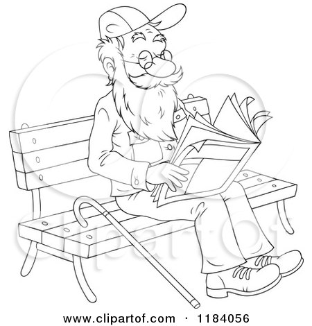 Cartoon of a Happy Outlined Senior Man Reading the Newspaper on a Park Bench - Royalty Free Vector Clipart by Alex Bannykh