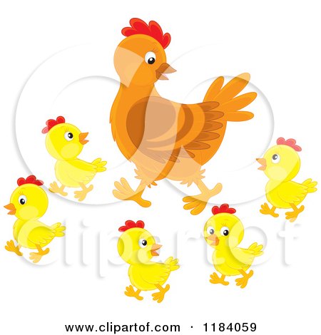 Cartoon of a Mother Hen and Baby Chicks - Royalty Free Vector Clipart by Alex Bannykh