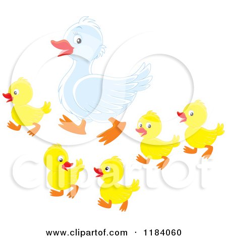 Cartoon of a Mother Duck and Baby Ducklings - Royalty Free Vector Clipart by Alex Bannykh