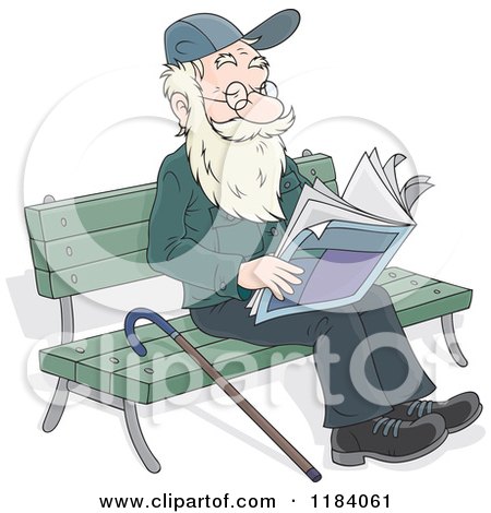 Cartoon of a Happy Senior Man Reading the Newspaper on a Park Bench - Royalty Free Vector Clipart by Alex Bannykh