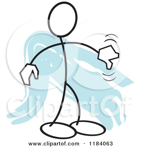 Cartoon of a Stickler Man Holding a Thumb down over Blue - Royalty Free Vector Clipart by Johnny Sajem