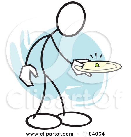 Cartoon of a Stickler Man Holding a Pea on a Plate over Blue - Royalty Free Vector Clipart by Johnny Sajem
