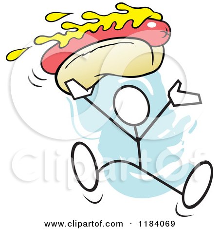 Cartoon of a Stickler Man with a Giant Hot Dog up over Blue - Royalty Free Vector Clipart by Johnny Sajem