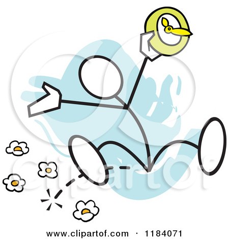 Cartoon of a Stickler Man Jumping with a Spring Forward Clock over Blue - Royalty Free Vector Clipart by Johnny Sajem