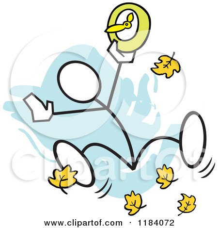 Cartoon of a Stickler Man Jumping with a Fall Back Forward Clock over Blue - Royalty Free Vector Clipart by Johnny Sajem