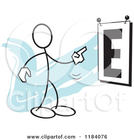 Cartoon of a Stickler Man Pointing to a Giant Eye Chart over Blue - Royalty Free Vector Clipart by Johnny Sajem