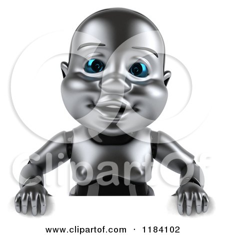 Clipart of a 3d Metal Baby Robot over a Sign - Royalty Free CGI Illustration by Julos