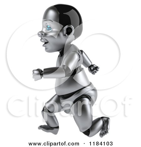 Clipart of a 3d Metal Baby Robot Running to the Left - Royalty Free CGI Illustration by Julos