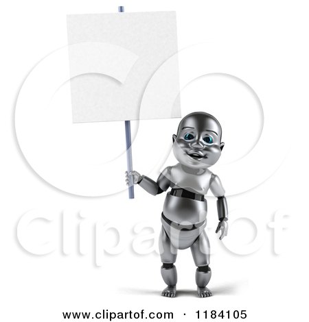 Clipart of a 3d Metal Baby Robot Holding a Sign - Royalty Free CGI Illustration by Julos