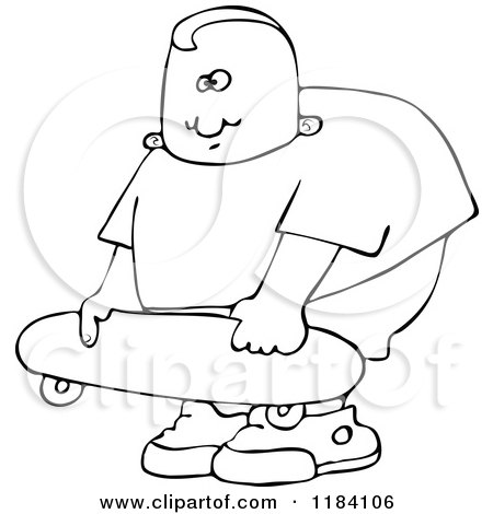 Cartoon of a Chubby Outlined Boy Holding a Skateboard - Royalty Free Vector Clipart by djart