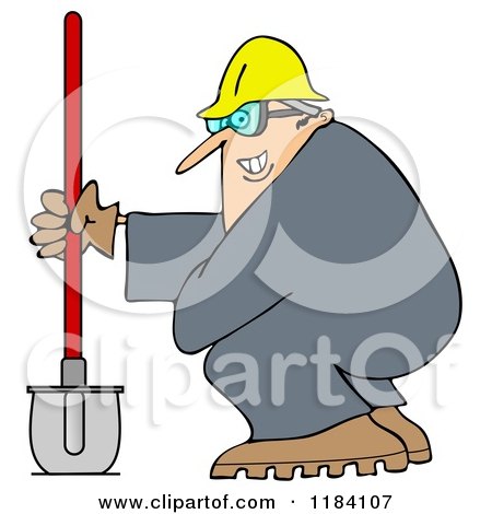 Cartoon of a Grinning Chubby Worker Man with a Helmet Goggles and Shovel - Royalty Free Vector Clipart by djart