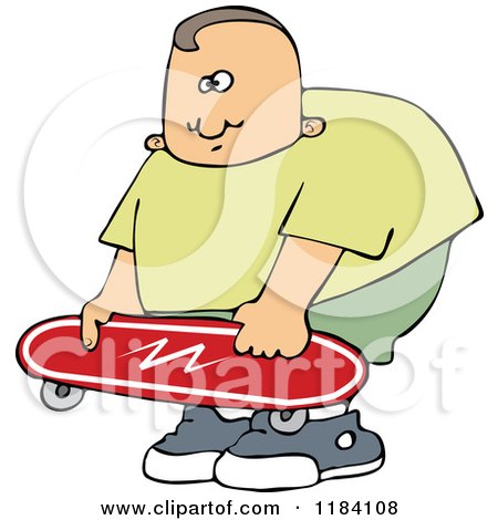 Cartoon of a Chubby Caucasian Boy Holding a Skateboard - Royalty Free Vector Clipart by djart