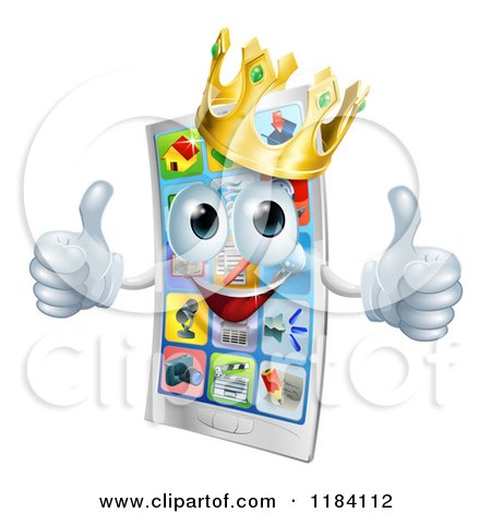 Cartoon of a Happy Crowned Cell Phone Mascot Holding Two Thumbs up - Royalty Free Vector Clipart by AtStockIllustration