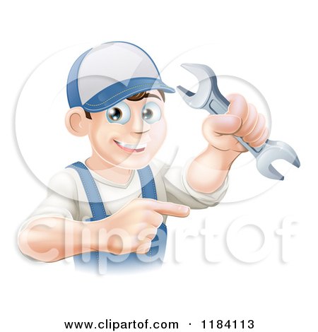 Cartoon of a Happy Worker Man Holding a Wrench and Pointing - Royalty Free Vector Clipart by AtStockIllustration