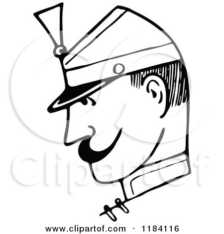 Clipart of a Retro Vintage Black and White Guard Man in Profile 2 - Royalty Free Vector Illustration by Prawny Vintage