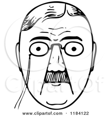 Clipart of a Retro Vintage Black and White Mans Face with a Mustache and Glasses - Royalty Free Vector Illustration by Prawny Vintage