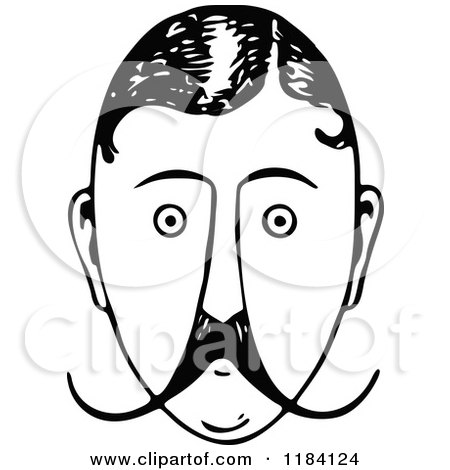 Clipart of a Retro Vintage Black and White Mans Face with a Mustache 2 - Royalty Free Vector Illustration by Prawny Vintage