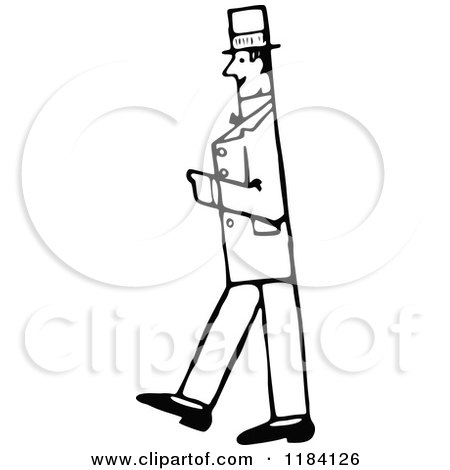 Clipart of a Retro Vintage Black and White Gentleman Walking in Profile - Royalty Free Vector Illustration by Prawny Vintage